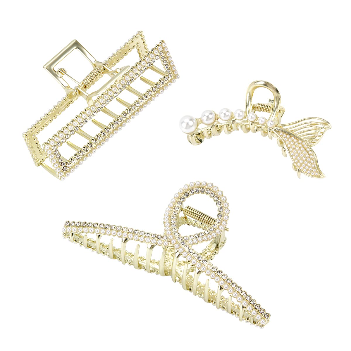 BELICOO Metal Hair Claw Clips, 3Pcs Large Metal Claw Clips Hair Clip Strong Hold Hair Claw Clips, Hair Claw Clips Accessories for Women and Girls (Gold Pearl)