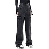 LONGYIDA Women's High Waisted Cargo Jeans Straight Wide Leg Stretch Baggy Jean Y2K Casual Loose Denim Cargo Pants Trousers