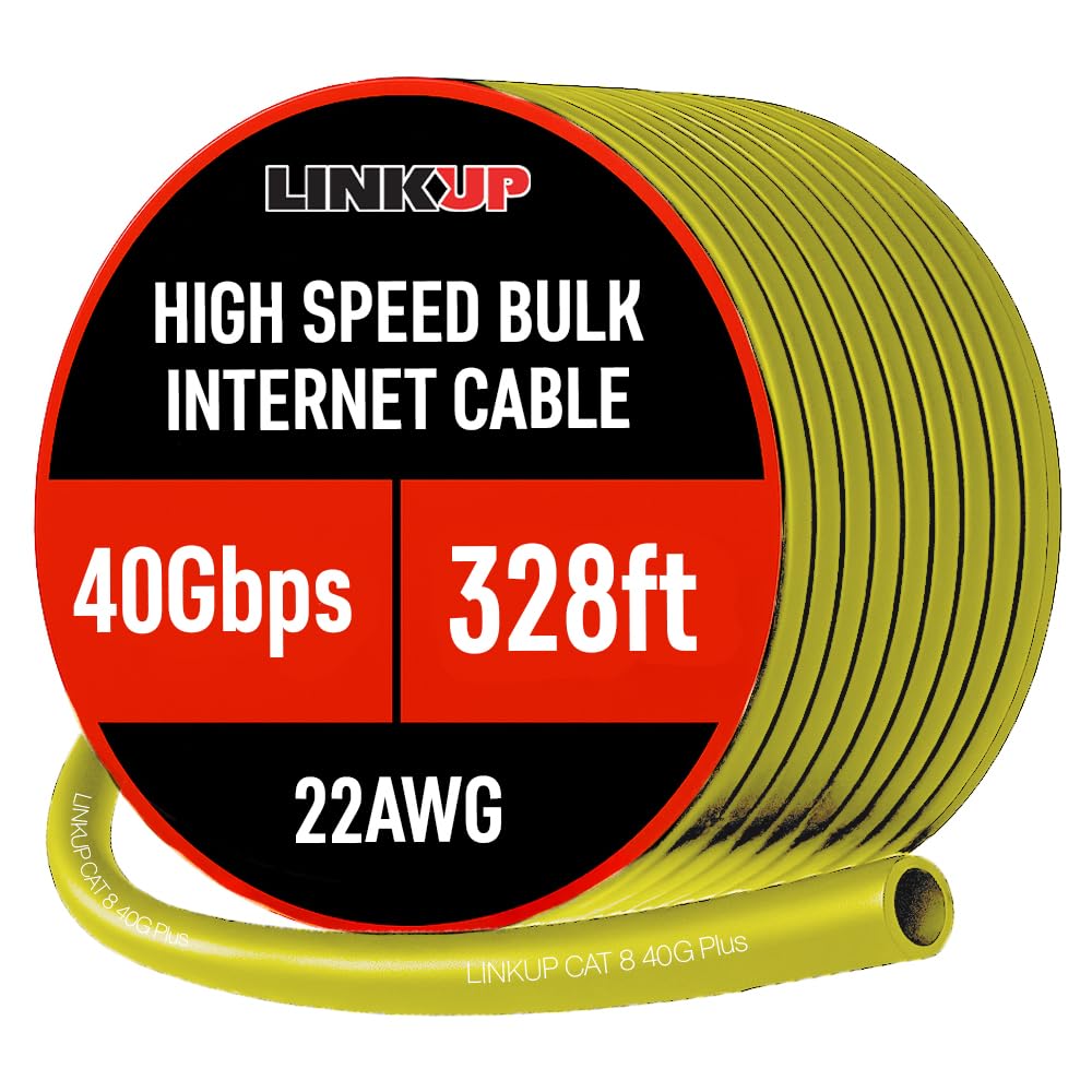 LINKUP - Cat8 Ethernet Cable S/FTP 22AWG Screened Solid Cable | 2000MHz (2GHz) up to 40Gbps | Future 5th-Gen Ethernet LAN Network 40G Structure Wires |Yellow| 100 Meter Bulk (Termination Required)