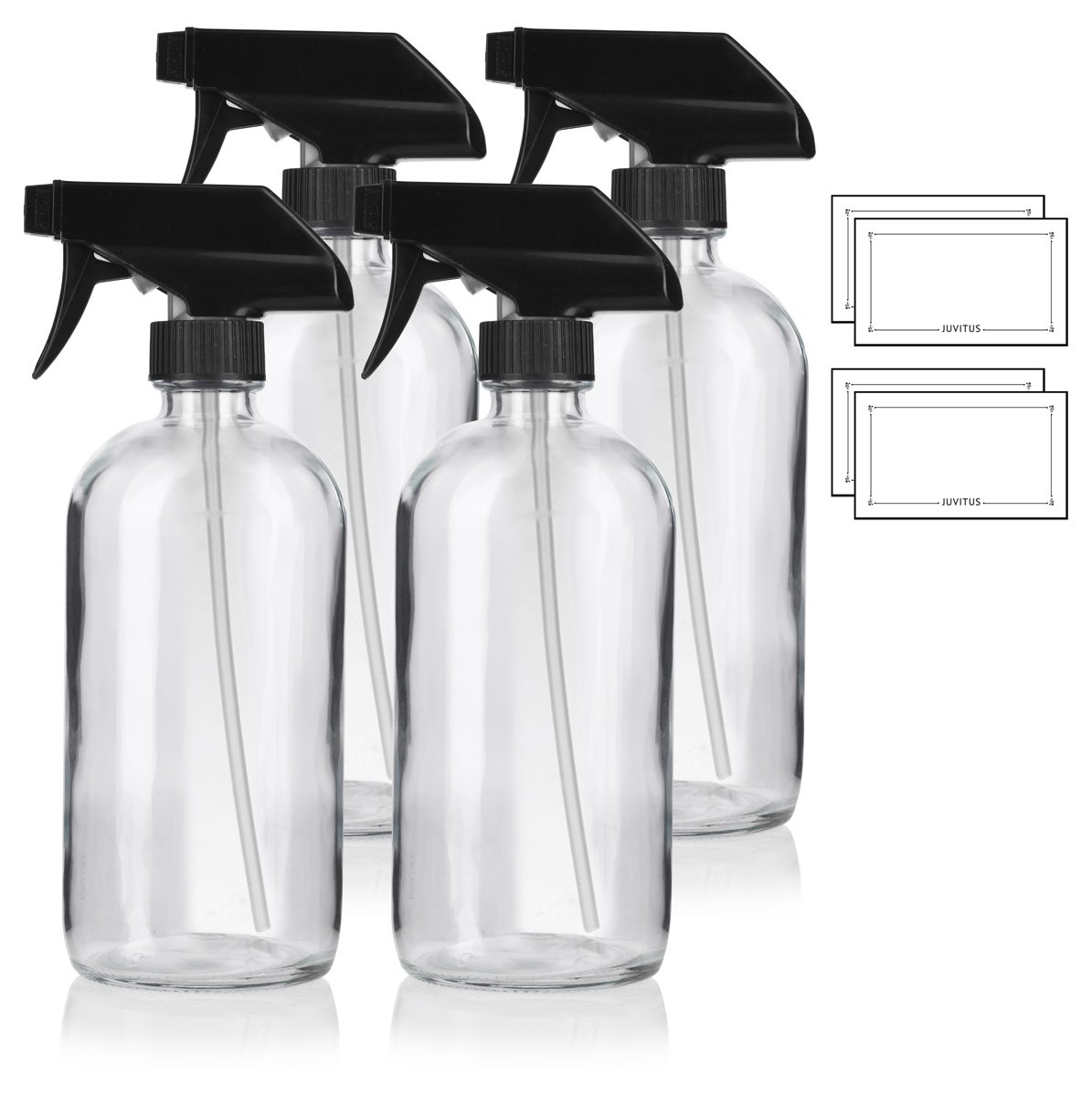 16 oz Clear Boston Round Thick Plated Glass Bottle with Black Trigger Spray (4 Pack)+ Labels: Industrial & Scientific