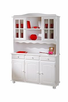 Inter Link Alpine Living Buffet Vitrinenschrank Küchenschrank Geschirrschrank Esszimmerschrank Kiefer Massivholz Weiss lackie