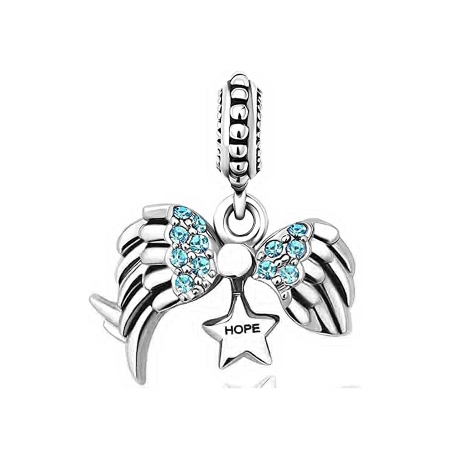 KunBead Jewelry Blue Crystal Birthstone Angel Wing Feather Hope Dangle Birthday Charms Compatible with Pandora Bracelets for Women Girls
