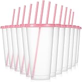 Mifoci 12 Pcs Plastic Tumbler with Lids and Straws Reusable Plastic Tumblers Bulk Mug Tumbler with Straw and Lid Tumbler Ice Cold Drinking Cup for Water Smoothie Birthday Party (Pink,24oz)