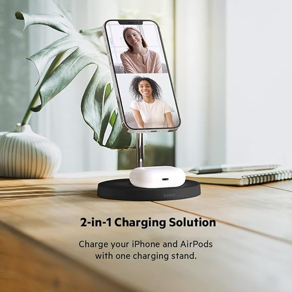 BELKIN MAGSAFE 2-IN-1 WIRELESS CHARGING STAND FOR APPLE IPHONE 16, IPHONE 15, IPHONE 14, & IPHONE 13 SERIES & AIRPODS – MAGSAFE FAST CHARGING STATION FOR MULTIPLE DEVICES – BLACK