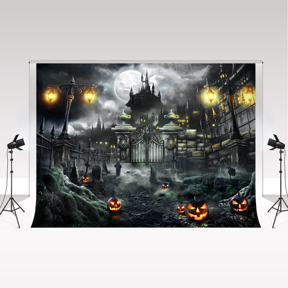 Kate Halloween Decoration Backdrop Props 2,2 * 1,5m/7 * 5ft Horror Themed Shop Window Decoration Graveyard Pumpkin Abandoned Castle Photo Booth Bar Club Halloween Night Party Scene Backdrop — image 1