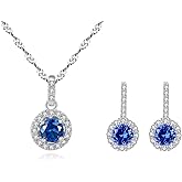 Celestara Jewelry, 925 Sterling Silver Bridal Jewelry Set for Women, Gemstone Pendant Necklace and Earrings - Cubic Zirconia Halo Design with Elegant Box