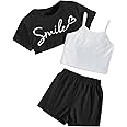 OYOANGLE Girl's 3 Pieces Summer Outfits Graphic Print Crop Tee Top and Cami Top with Shorts Set