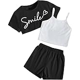 OYOANGLE Girl's 3 Pieces Summer Outfits Graphic Print Crop Tee Top and Cami Top with Shorts Set