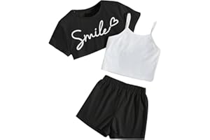 OYOANGLE Girl's 3 Pieces Summer Outfits Graphic Print Crop Tee Top and Cami Top with Shorts Set