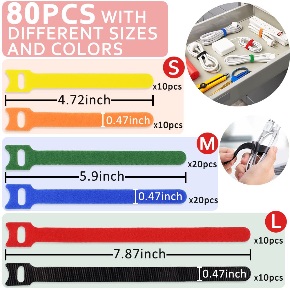 80pcs Cable Ties Reusable Multicolor Wire Ties Cable Management Cord Ties Reusable for Electronics Hook and Loop Cable Ties for Computer 4 6 8 Inch with 6 Colors