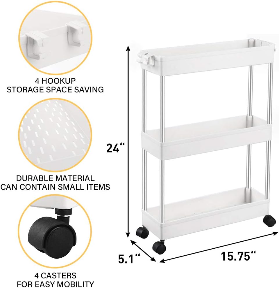 SPACEKEEPER 3 Tier Slim Storage Cart Mobile Shelving Unit Organizer Slide Out Storage Rolling Utility Cart Tower Rack for Kitchen Bathroom Laundry Narrow Places, Plastic & Stainless Steel, White: Home & Kitchen