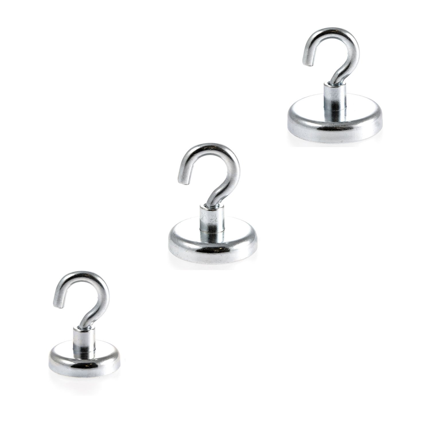 Magnetastico | Set of 3 Neodymium N35 Hook Magnets | 1x Each 32, 36 & 42 mm | Adhesive Force 34, 41 & 68 kg | 3 Very Strong and Powerful Neodymium Pot Magnets with Hook | Clamping Magnet