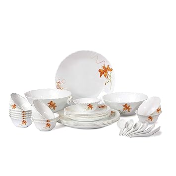 Cello Orange Lily Opalware Dinner Set, 32-Pieces, White
