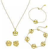 Freinit 4Pcs Gold Necklace Earrings Bracelet Set, 18K Gold Plated Flower Jewelry Set Floral Pendant Stud Gold Jewelry Sets for Women,Christmas Birthday Lucky Gift for Mom Wife Daughter GF