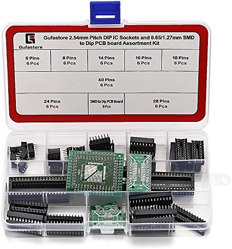 Gufastore 2.54mm Pitch DIP IC Sockets Solder Type Adaptor (6/8/14/16/18/24/28/40 Pins) and 0.65/1.27mm SMD to DIP PCB Board Assortment Kit With Anti-static Tweezers
