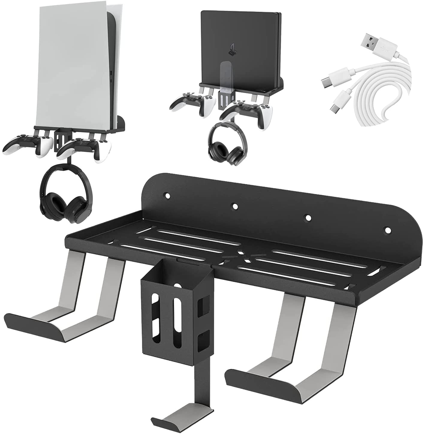 TOPAD Pa5 Wall Mount Kit ith Charging, 6-in-1 PlayStation 5 (Disc & Digital) Metal Wall Stand with Data Charging Cable/Controller Hanging Bracket/Remote Box/Headset Hanger, w/Non-Slip Mat Black