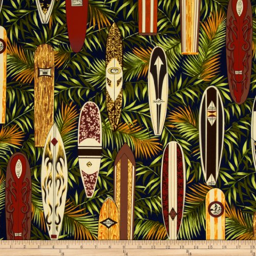 Hoffman Fabrics Hoffman Tropical Collection Surfboard Navy Fabric by The Yard