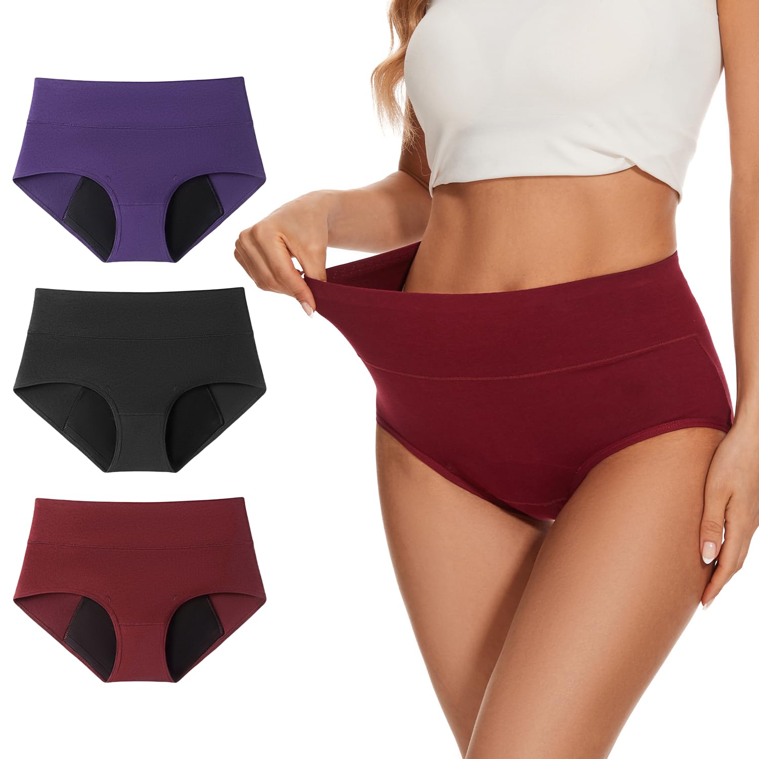 Photo 1 of ***MISSING ONE***
ALLBASE Womens Leakproof Period Underwear Heavy Flow Washable Postpartum Protection Panties High Absorbency Cotton High Waist Menstrual Briefs Multicolor(3 Pack Regular & Plus Size)