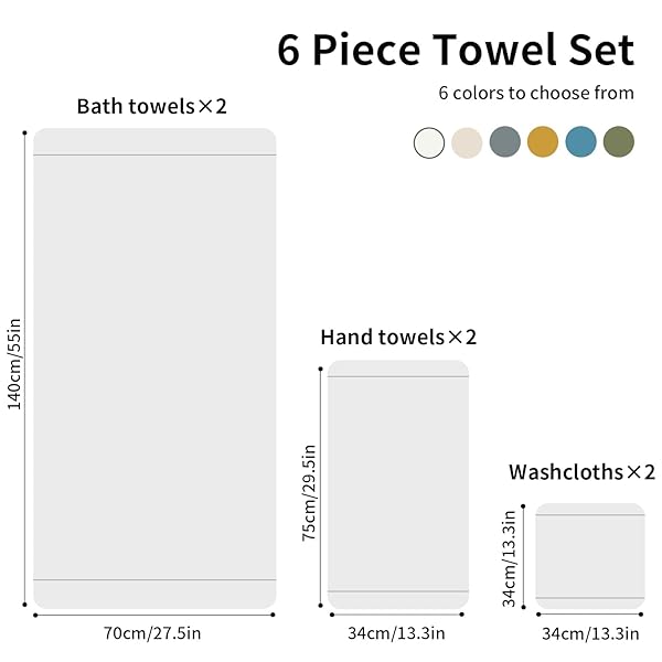 QAXOPL OVERSIZED BATH TOWEL SETS 100% COTTON SOFT & HIGHLY ABSORBENT SILK HEMMING TOWELS SET WITH 2 BATH TOWELS, 2 HAND TOWELS, 2 WASH CLOTHS FOR BATHROOM, GYM, SPA, HOTEL, 6 PACK,SKY BLUE