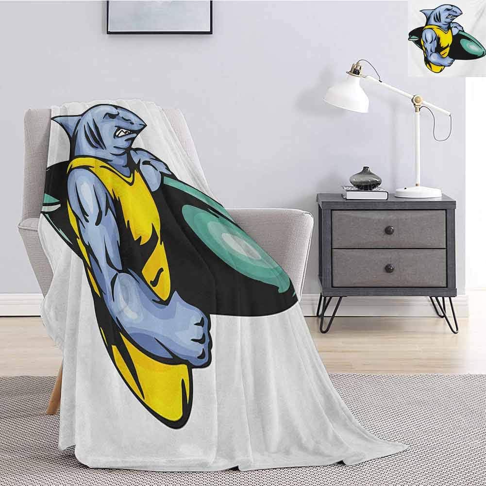 Luoiaax Shark Soft Throw Blanket for Bed Couch Grumpy Surfer Shark with Muscled Body Exotic Sports Mascot Cartoon Fluffy Decorative Blanket for Couch W57 x L74 Inch Pale Blue Yellow Jade Green