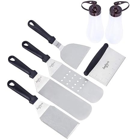 Sunflora BBQ Grillplatte Zubehör mit Edelstahl Spachtel & Schaber Kit Teppanyaki Werkzeug Set für Flat Top Kochen Outdoor Gri