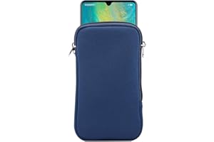 ZZ HZYISIDA Neoprene Shock Absorbing Proof Pouch Cell Phone Sleeve Case Zipper Neck Strap for iPhone 17 Pro Max 16 Pro Max Samsung Galaxy S25 Ultra S24 Ultra A16 A26 A36 A05 A06 Moto G Power 2025 (Blue)