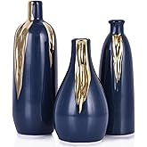 Blue and Gold Mini Ceramic Vase Set of 3, Small Ceramic Vase Set for Decorative, Bud Vases for Centerpieces Nightstand Kitchen, Boho Farmhouse Home Coffee Table Tray Decor