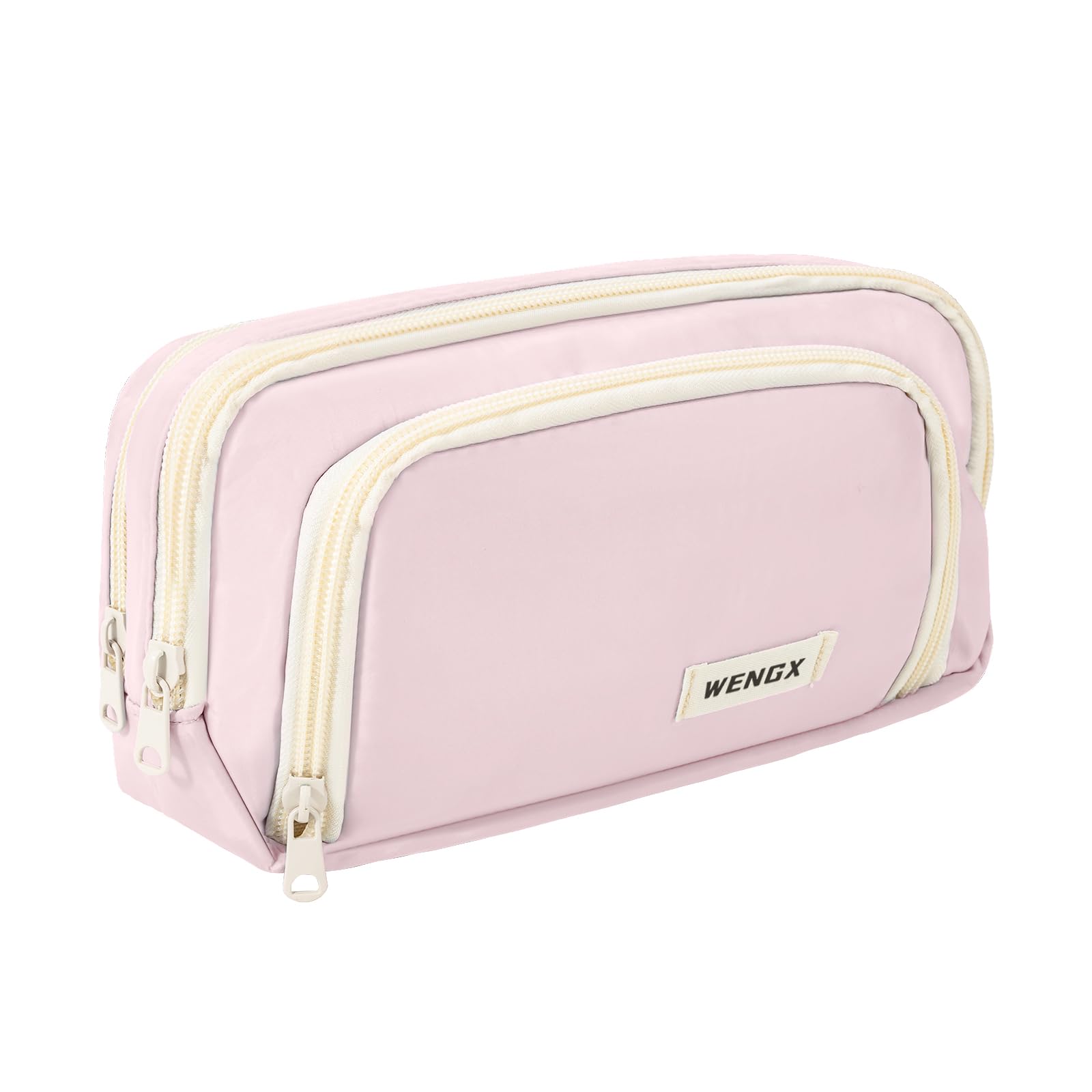 WENGX Large Capacity Pencil Case,Zip Smooth Pencil Pouch for Girls Boys with 4 Compartments Pen Bag Stationery Organizer Office Makeup Bag for Women Men(Pink)