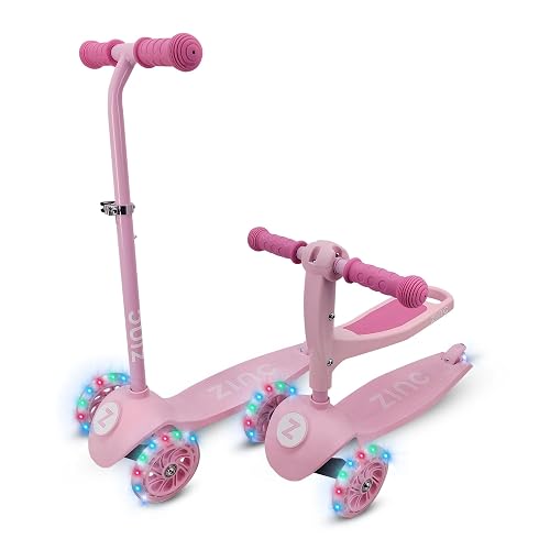 Zinc 3-In-1 Kids Scooter for Ages 1+ - Adjustable 3 Wheeled Scooter with Removeable Seat, Lean ‘n’ Steer, Rear Footbrake & Light Up Wheels – Perfect for Toddlers, Beginners, Boys & Girls, Pink