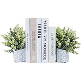 MyGift L Shaped Bookends with Faux Eucalyptus, Gray Concrete Pot, 2pc | Decorative bookends keep books upright while faux eucalyptus and an embossed planter add low-maintenance greenery to shelves