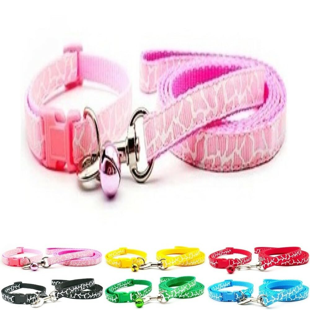 Small Dog Puppy Pet Collar and Lead Set Zebra Giraffe Animal Print Design Nylon Adjustable Size 19-32cm Collar with Bell and 120cm Leash Pink