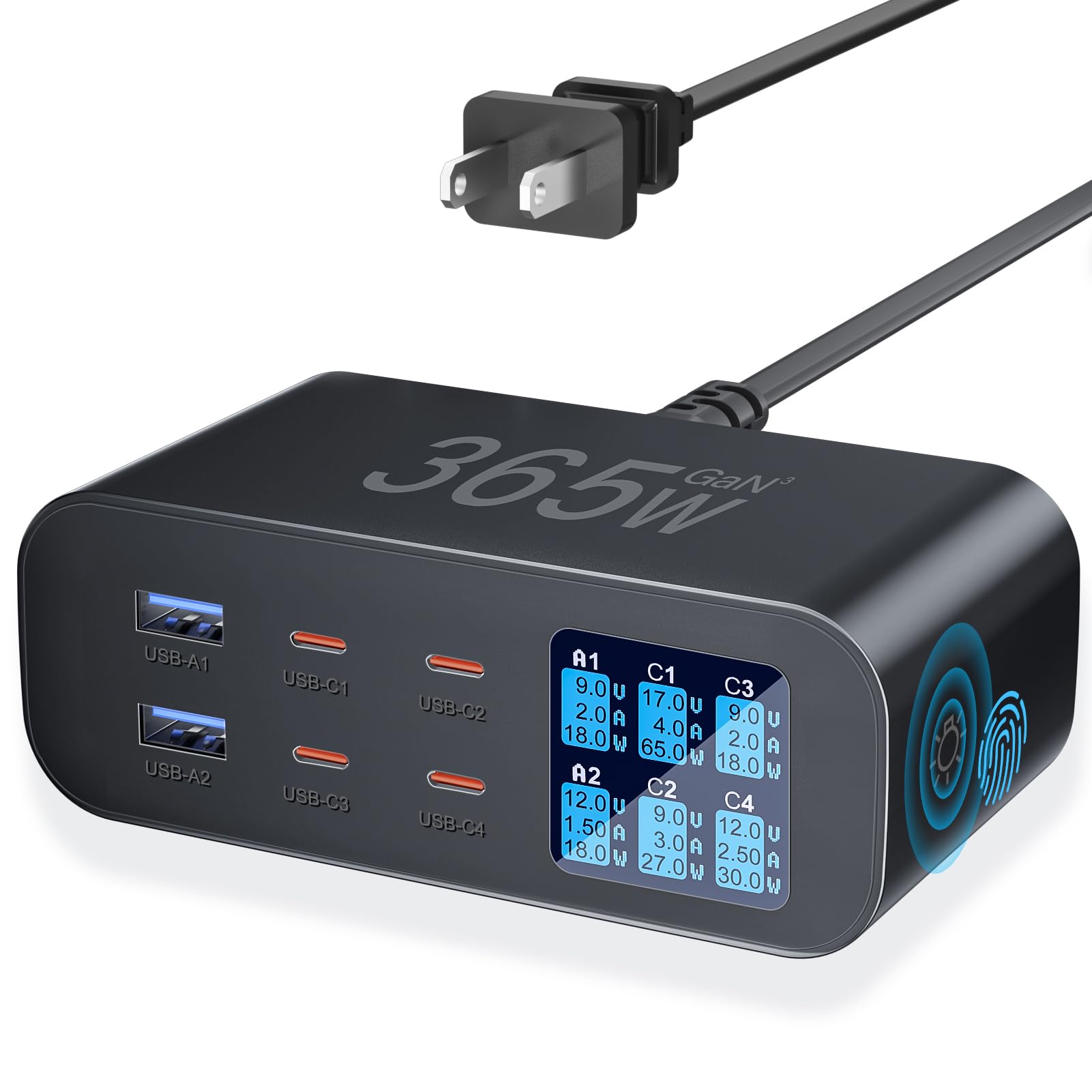 YSYFAD USB C Charger 6-Port with LED Display Adjustable Brightness, USB Charging Station GaN Multiport Fast Charger PD 100w 65W QC 3.0 Support PPS Compatible with MacBook iPhone Samsung, Black