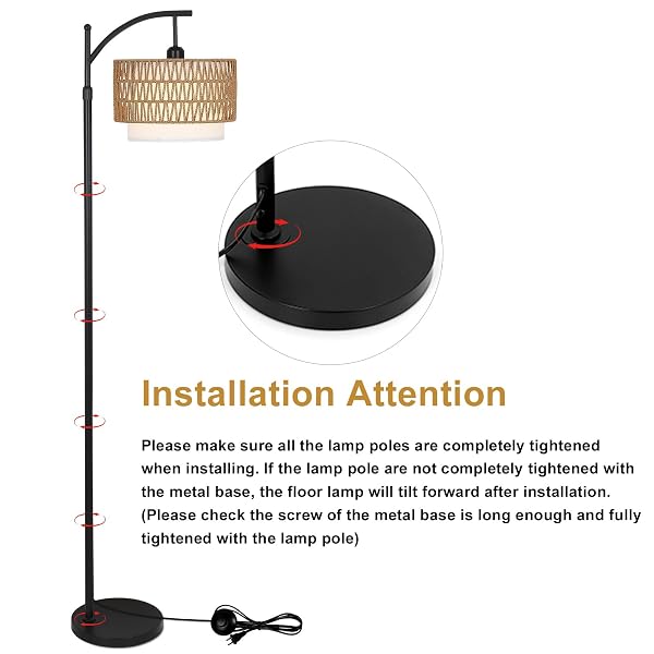 ARC FLOOR LAMP FOR LIVING ROOM WITH 3 COLOR TEMPERATURES, FARMHOUSE FLOOR LAMPS WITH REMOTE & DIMMABLE BULB, BOHO STANDING LAMP WITH RATTAN & FABRIC SHADES, ADJUSTABLE TALL LAMP FOR BEDROOM, OFFICE