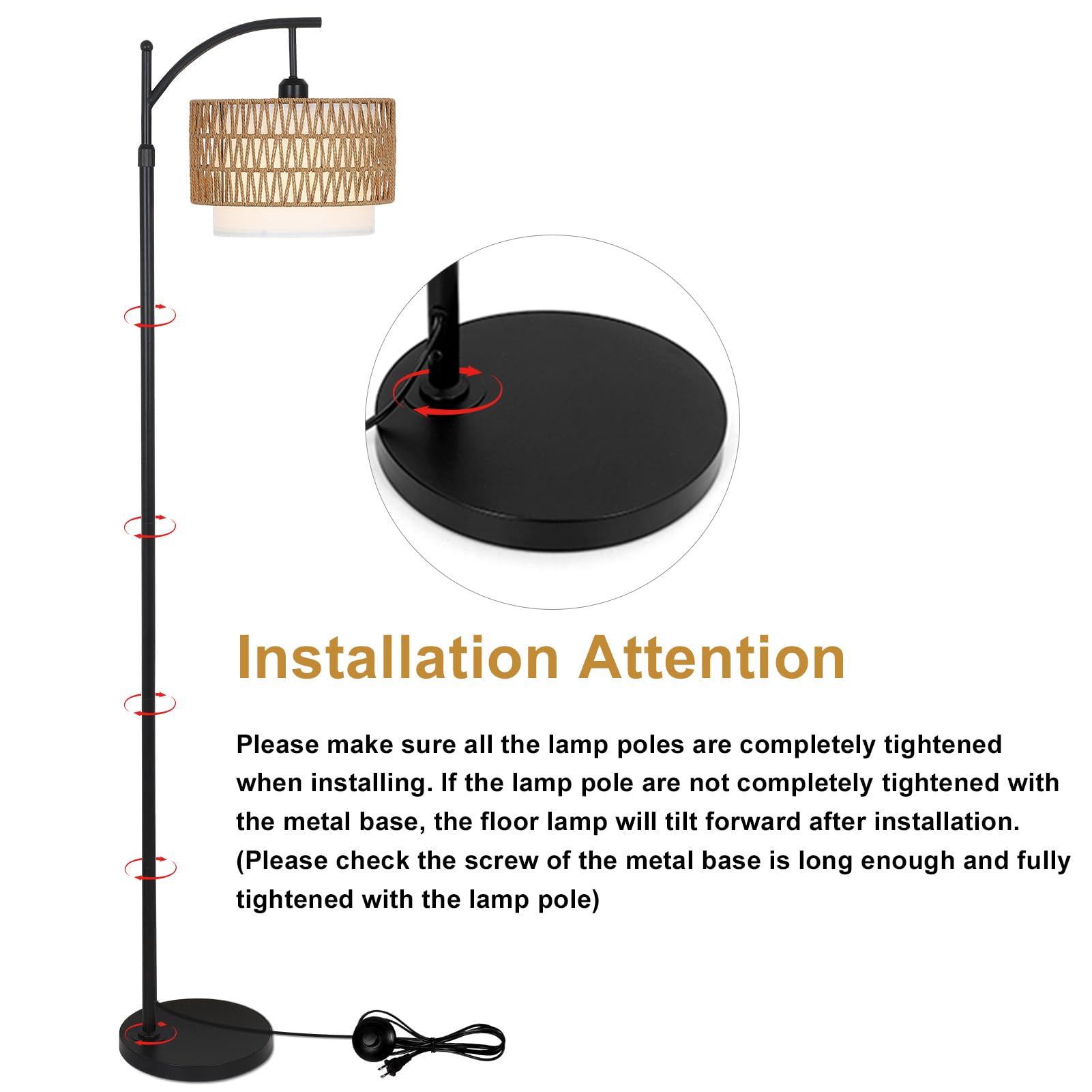 Arc Floor Lamp for Living Room with 3 Color Temperatures, Farmhouse Floor Lamps with Remote & Dimmable Bulb, Boho Standing Lamp with Rattan & Fabric Shades, Adjustable Tall Lamp for Bedroom, Office