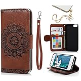 MOLLYCOOCLE iPhone SE,iPhone 5 5S Wallet Case Embossed Flower Wallet with Stand Premium PU Leather Skin Cover Magnetic Flip Folio TPU Bumper for iPhone SE 5 5S & Bling Butterfly Dust Plug,Brown