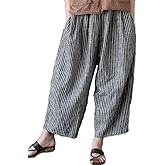 Minibee Women's Wide Leg Harem Pants Cotton Linen Striped Casual Palazzo Pants with Pockets