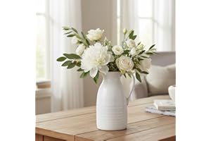 hjn Farmhouse Pitcher Vase for Flowers- Ceramic Pitcher White Flower Vase for Your Kitchen/Home Decor/Office/Living Room/Bookshelf/Mantel/-White