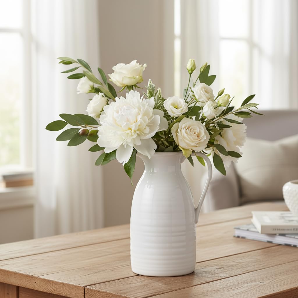 Photo 1 of hjn Farmhouse Pitcher Vase for Flowers- Ceramic Pitcher White Flower Vase for Your Kitchen/Home Decor/Office/Living Room/Bookshelf/Mantel/-White