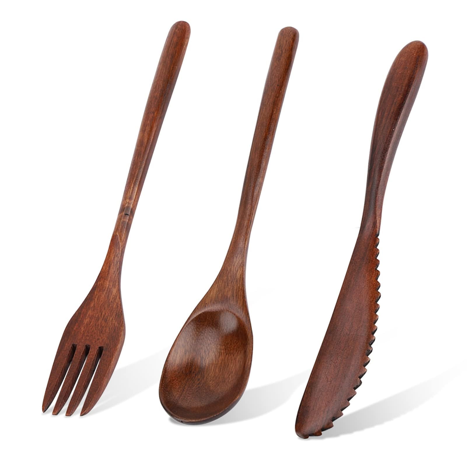 Bamboo Dinnerware Set Japanese Reusable Flatware Travel Tableware Camping Cutlery Natural Wooden Fork Spoon with Red Storage Bag(Knife & Fork & Spoon Only)