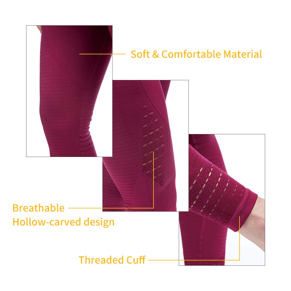 TINLUNG High Waist Yoga Pants with Tummy Control Hollow Out Design Fitness Workout Leggings Running Sports Gym Stretch Tights Trousers for Women Wine Red M
