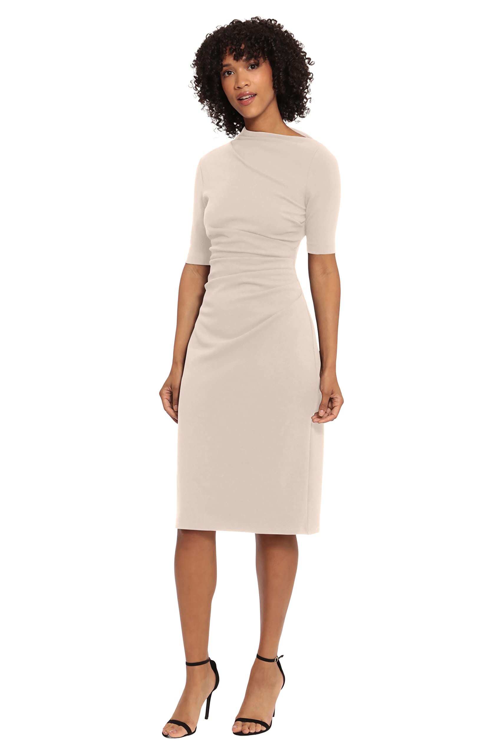 Maggy London Women’s Dresses Side Pleat Dress with Asymmetric Neck and Elbow Sleeves