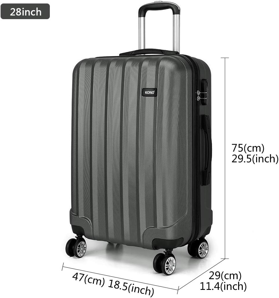 Kono Durable Hard Shell Suitcases with 4 Spinner Wheels Light Weight ABS+PC Travel Trolley Case 19” 24” 28” (3Pcs Set, Grey) - Image 5