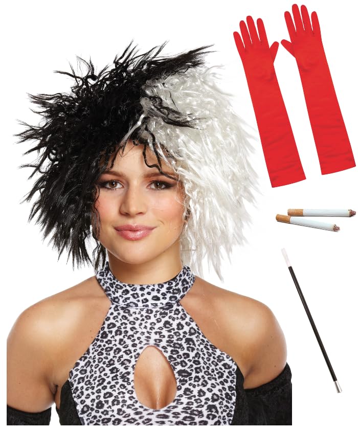 Dreamzfit Cruella de Vil Costume Set for Adults & Kids - Dalmatian Print Lady Wig, Long Red Evening Gloves, 2x Fake Cigarette Props & Holder for Halloween, Fancy Dress Party & Cosplay