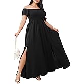 RWJ Womens Plus Size Wedding Guest Dress Summer Off Shoulder Short Sleeve Party Cocktail A-Line Split Long Maxi Dresses