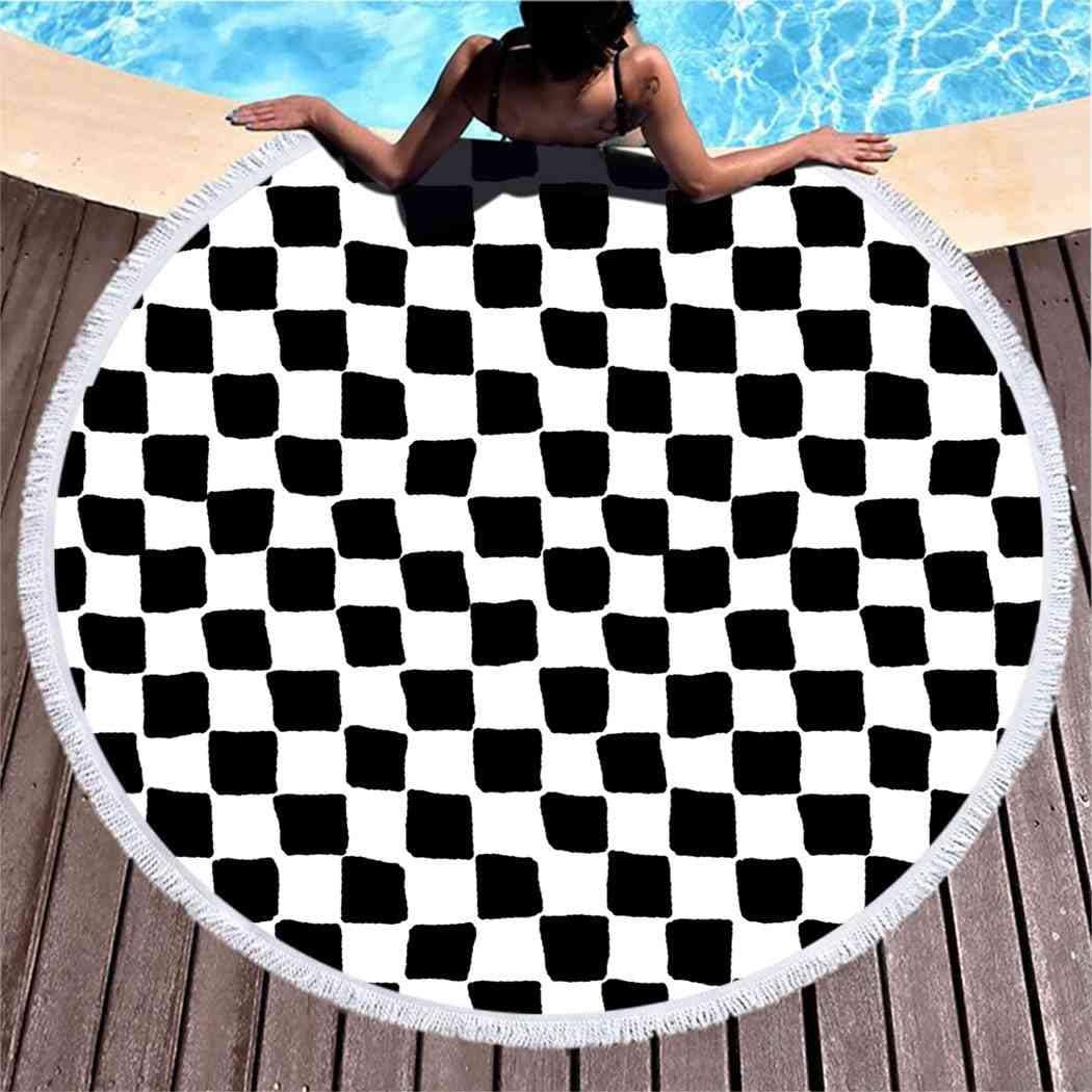 Kuidf Simple Round Beach Towel Blanket, Black and White