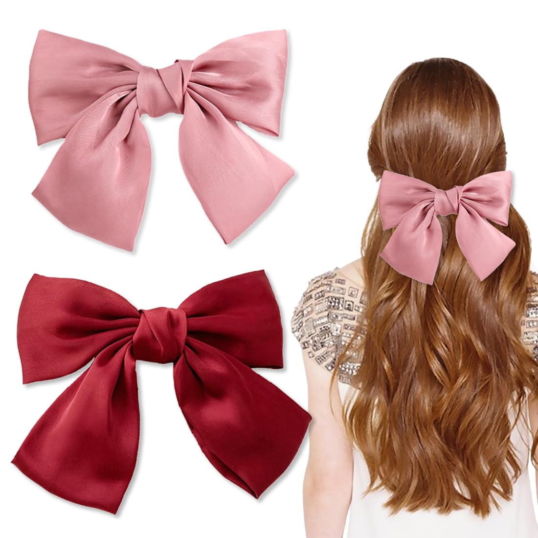 ZKSXOA Bow Hair Clip, 2Pcs Hair Bows for Women Big Bowknot Hairpin French Hair Clips with Ribbon Solid Color Hair Barrette Clips Soft Satin Silky Hair Bows for Women Girls,burgundy,pink