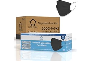 Litepak 2000pcs Disposable Face Masks Black 3-Ply Adult Mask Nose Wire Protection - Breathable Protective Face Covering
