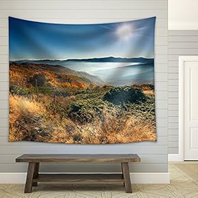 Autumn, Misty, Mountain Landscape with a View on Colorful Forest - Fabric Wall Tapestry Home Decor - 51x60 inches