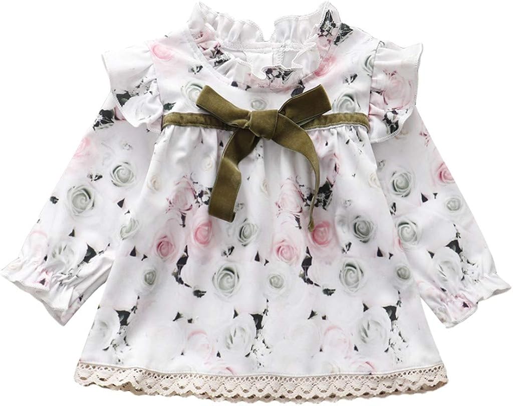 VEFSU Toddler Baby Girls Ruffle Floral Printed Swing Lace Patchwork Bowknot Dress for Infant Kids