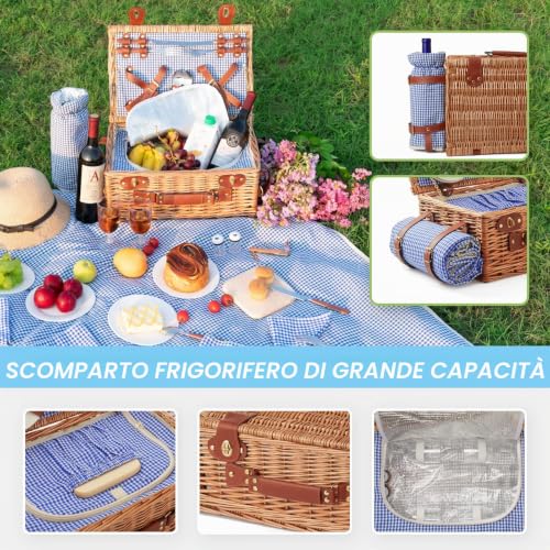 DHAEE 4 Person Wicker Picnic Hamper Set with Cooler Compartment and Waterproof Picnic Blanket, Removable Shoulder Strap, Hiking, BBQ and Gifts for Families/Couples